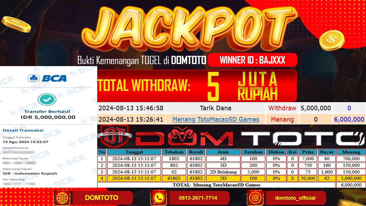 JACKPOT TOGEL TTM5D P1 13 AGUSTUS 2024
